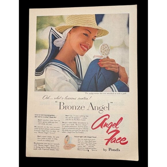Ponds Angel Face Powder Makeup Vintage Print Ad 1950s Bronze Suntan Sailor Girl - Picture 1 of 6